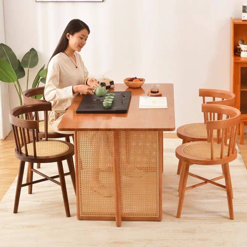 日式实木藤编餐桌椅子家用书桌靠背温莎公主椅美式复古化妆梳妆凳