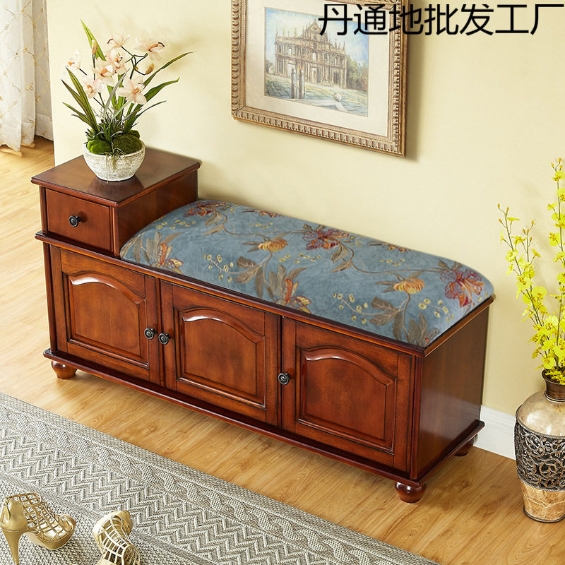 美式全实木换鞋凳进门家用鞋柜玄关穿鞋凳欧式储物收纳凳长条凳子