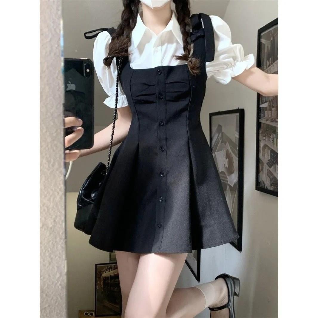 Strap Dress蝴蝶结收腰背带吊带连衣裙小个子女装一套