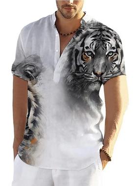Tiger Animal Standing Henley Shirt For Man Men'S Shirts