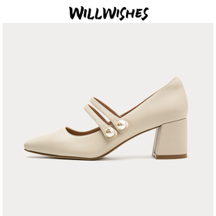 小CK女鞋2021年秋季新款珍珠晚晚风温柔单鞋女粗跟玛丽珍高跟鞋女