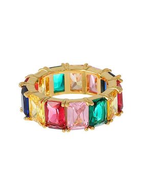 RAINBOW HIPHOP铜镀金镶嵌彩色锆石戒指中性嘻哈男女同款彩虹戒指