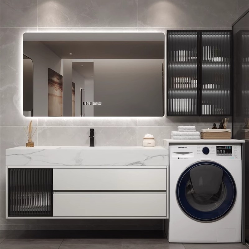 阳台洗衣机一体盆组合柜岩板无缝陶瓷一体盆洗脸洗手洗漱台实木柜