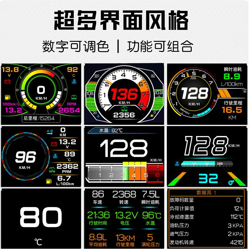 OBD汽车水温表改装通用多功能液晶仪表车速表转速表油耗表监测