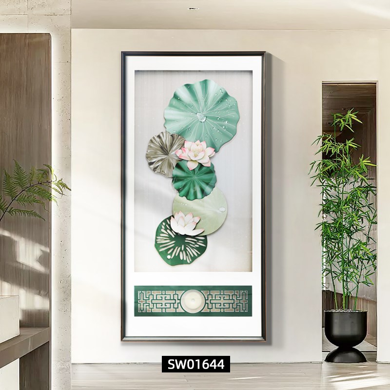 现货荷花玄关装饰画入户走廊竖版挂画新中式立体实物画客厅过道画图片