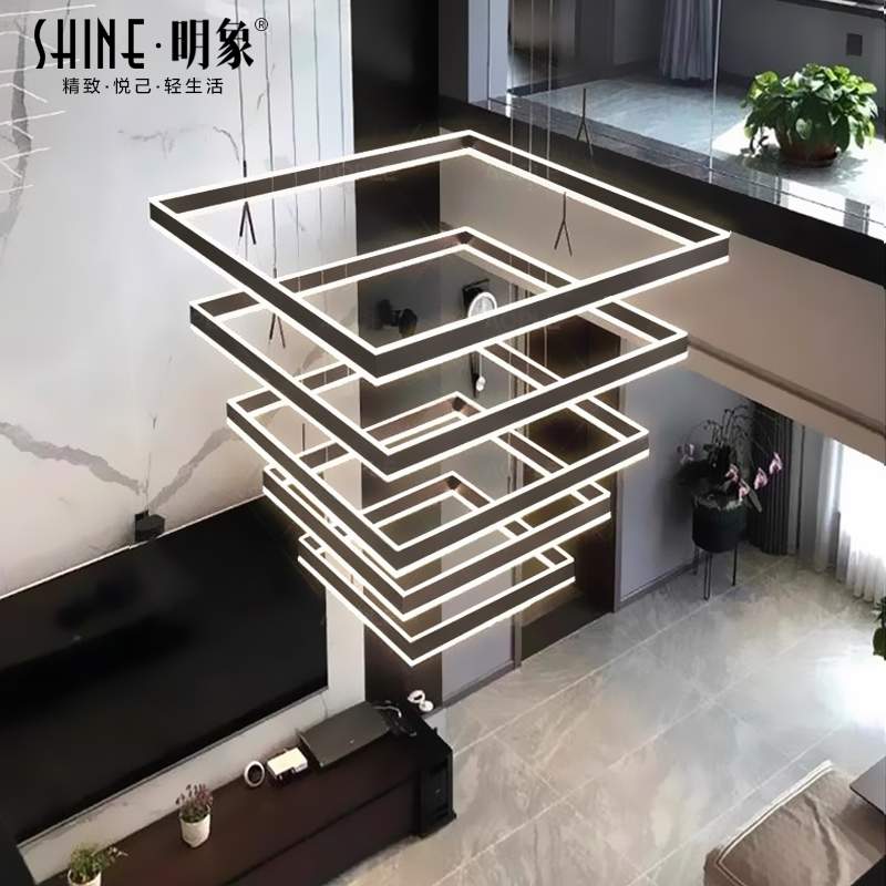 别墅长吊灯复式楼led挑高客厅大吊灯方形跃层中空大厅灯极简灯具