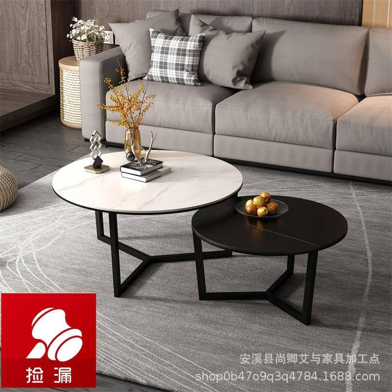 直销大理石茶几组合家用客厅简约现代圆形北欧轻奢岩板大小铁艺桌