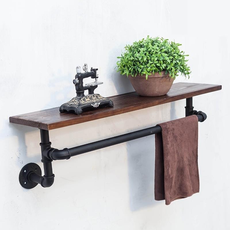简约铁艺置物架复古水管风装饰壁挂架墙上实木毛巾架铁艺置物架