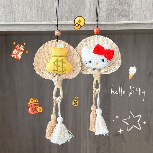 手工编织蒲扇蝴蝶结KpT凯蒂猫小扇车挂挂饰少女心度假晒黑包包挂