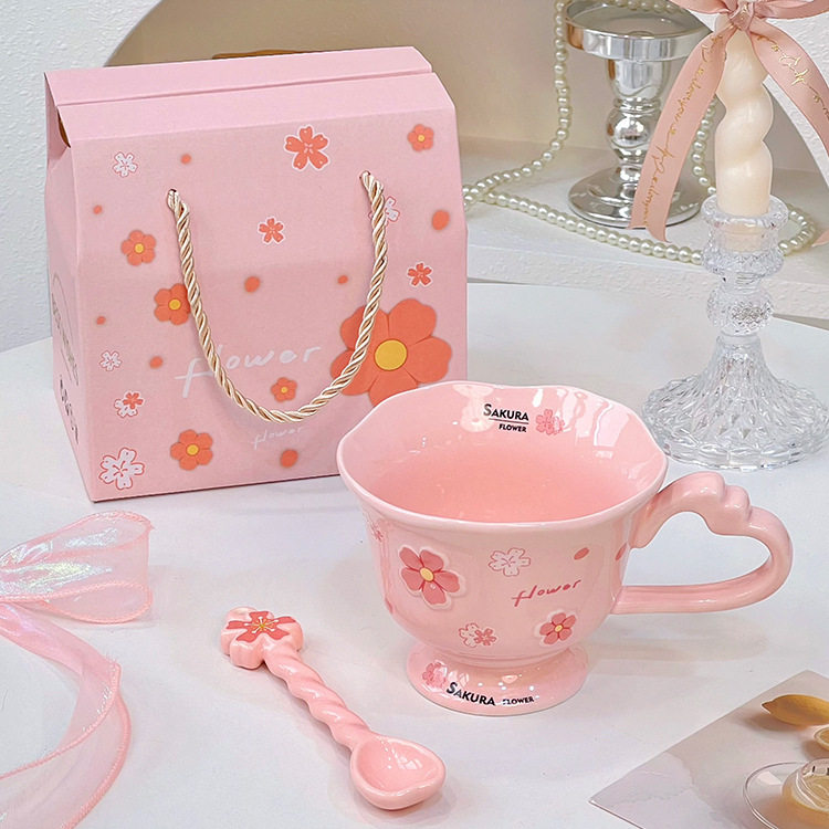 樱花马克杯带勺女士办公咖啡杯简约陶瓷早餐杯子家用牛奶杯手提盒