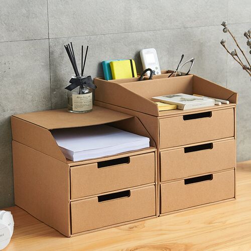 抽屉式整理收纳盒简约牛皮纸盒子办公桌I卧室宿舍收纳多层防尘收