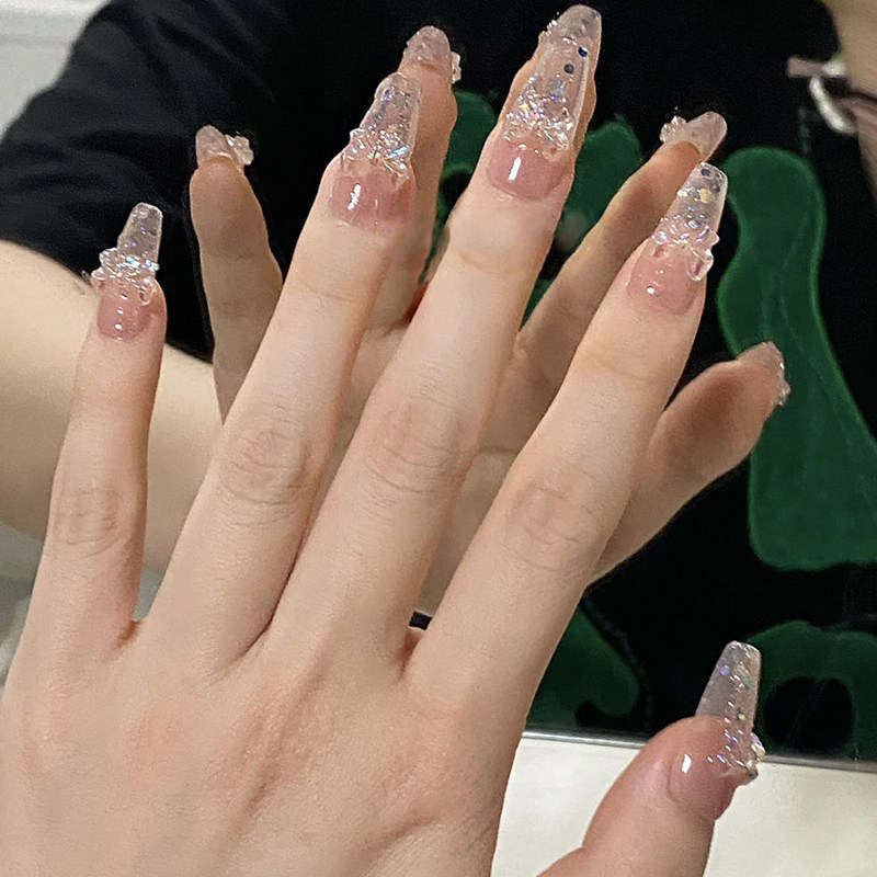 极速清透极光蝴蝶结美甲手工制作成品假指甲贴片光疗显白可拆卸穿