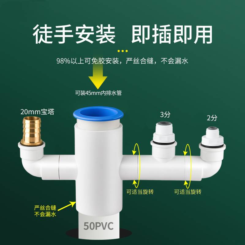 厨房下水三头通净水器洗碗机前置水槽过滤四通排水管二合一接头