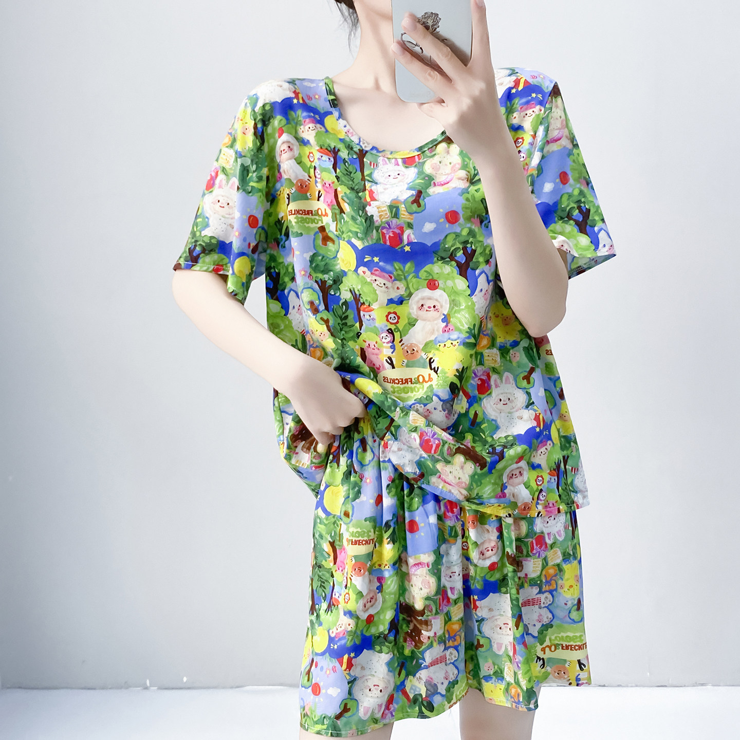 夏季新款宽松绵绸短袖短裤睡衣套装女士可外穿休闲家居服两件套