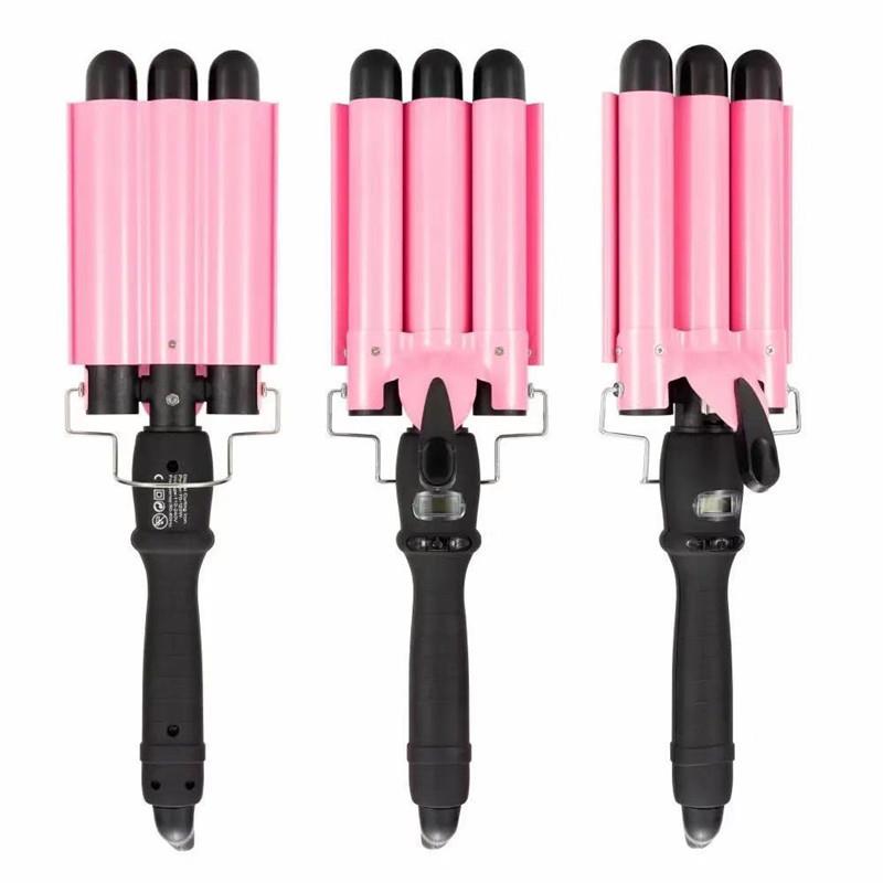 2023新款跨境液晶数显三管卷发棒水波纹夹板蛋卷头大卷烫发器发根