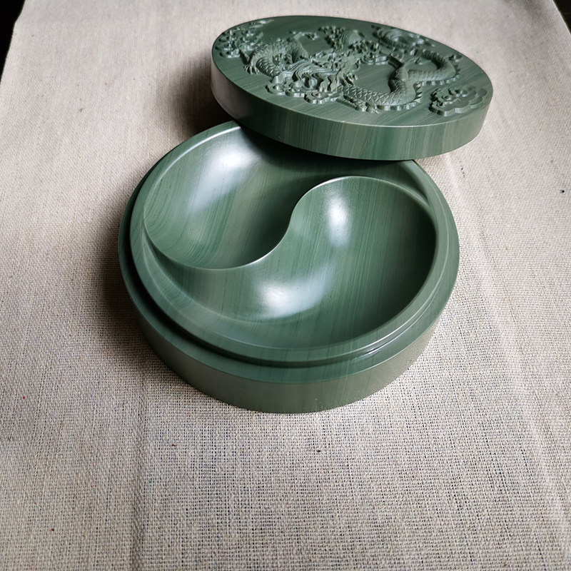 松花砚台 仙人洞老坑松花石砚 太极砚 墨盒 带盖子 文房四宝