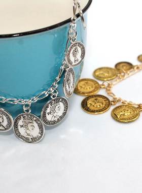 Norns英伦复古怀旧做旧男女人头金币钱币硬币流苏吊饰项链锁骨链