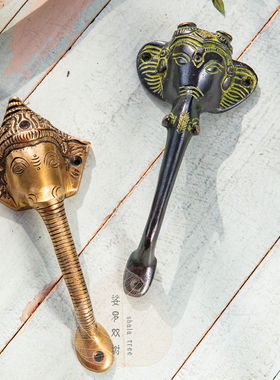 手工纯铜老式明装室内门拉手 别墅招财象对开门衣柜门把手Ganesh