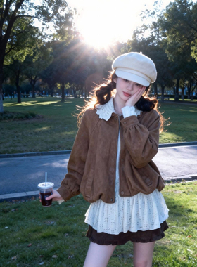 设计感花边领拼接夹克外套咖色木耳边半身裙时尚两件套QD60960