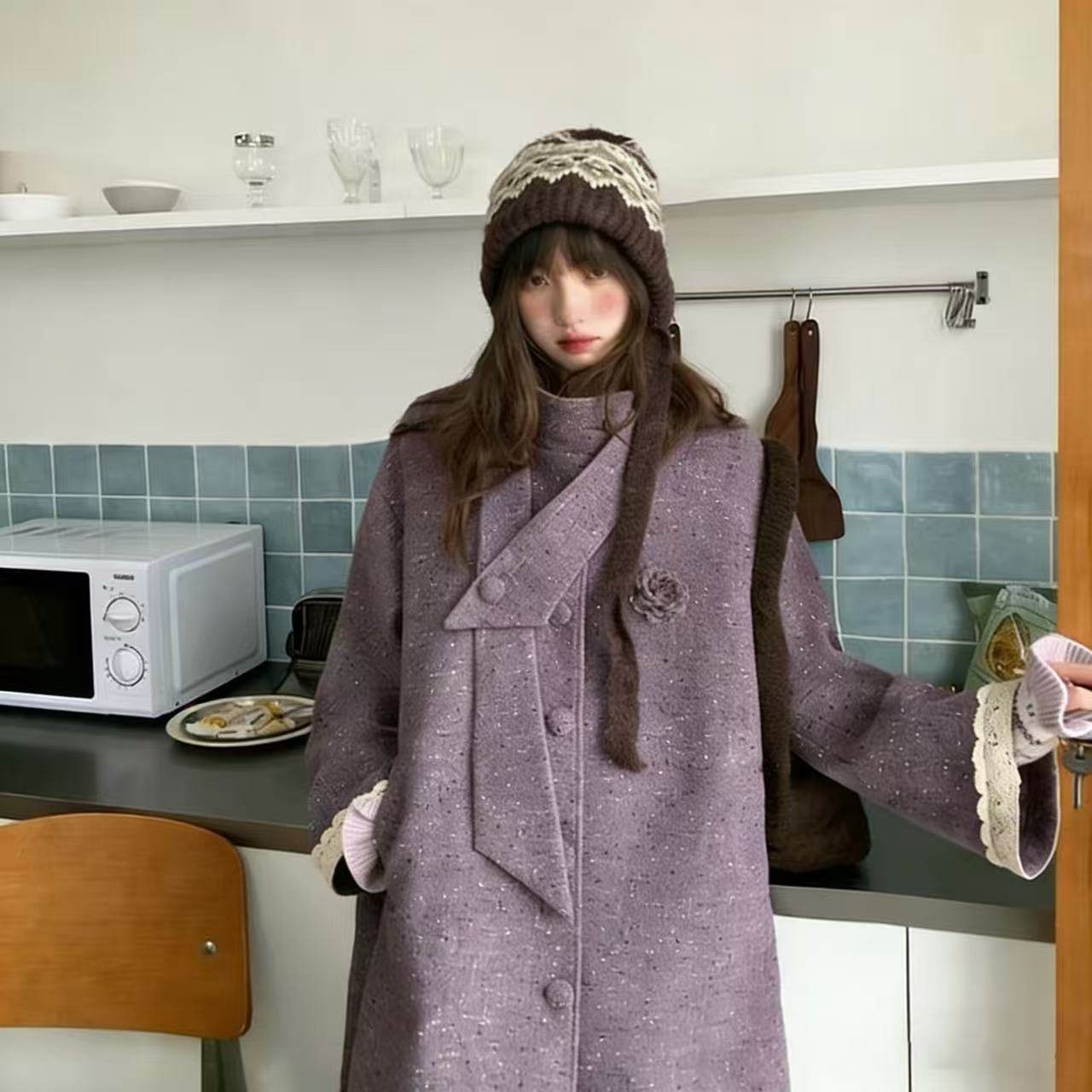 韩系小众氛围感葡萄紫长外套女秋冬宽松复古休闲百搭大衣QD83062