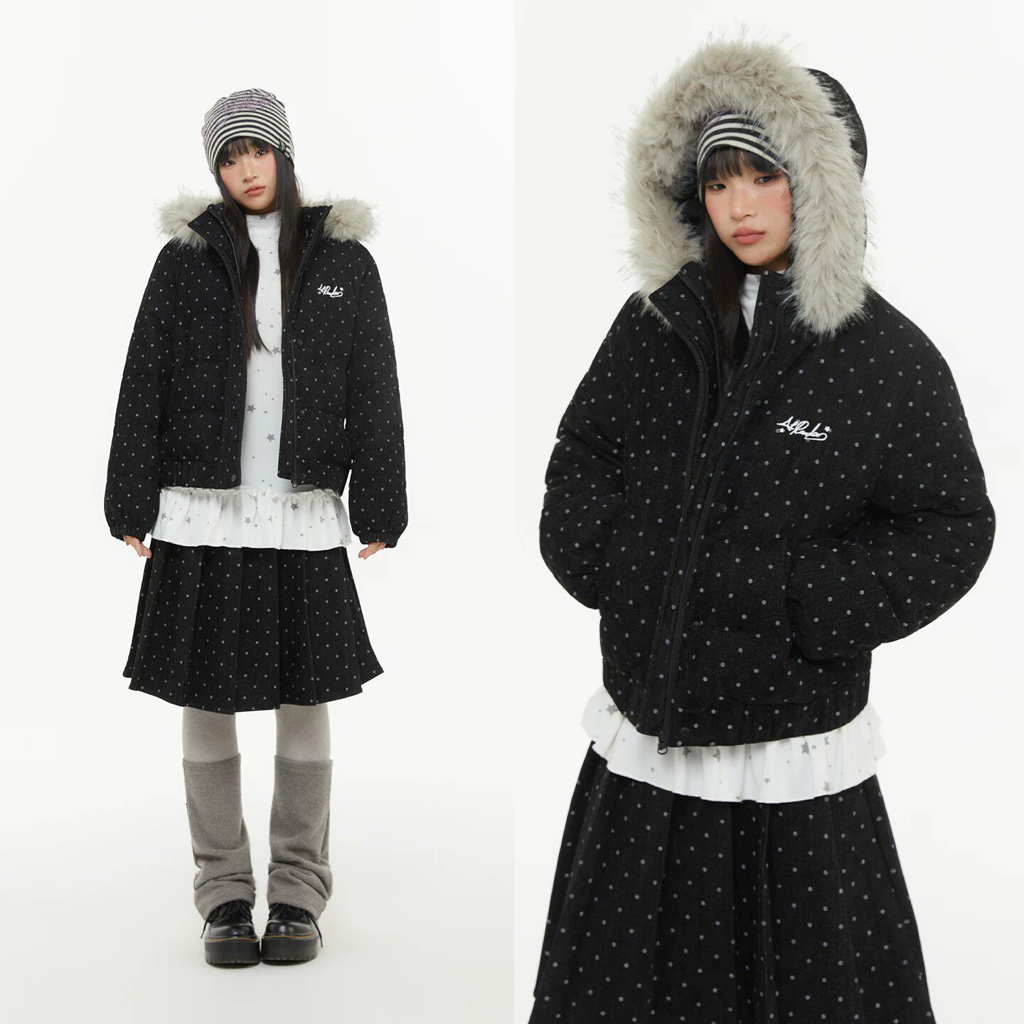 2026冬季少女风黑色连帽毛领长袖短款波点羽绒服显瘦减龄棉服女