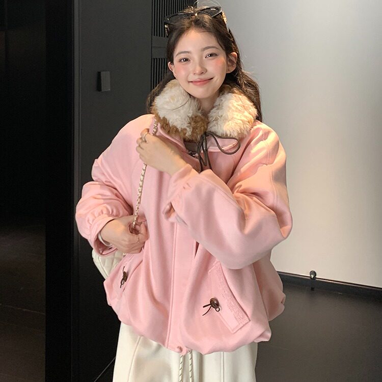 实拍蝴蝶结毛领2026冬新款羽绒棉服女夹棉保暖学院风宽松花苞外套
