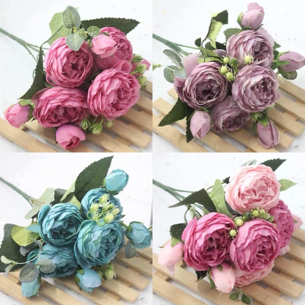 1 Bouquet 9 heads Artificial Peony Tea Rose Flowers Camellia