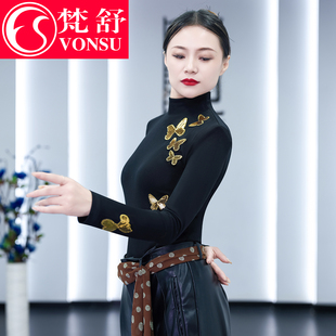 梵舒黑色形体服女上衣训练导师服优雅蝴蝶练功服新款模特走秀服