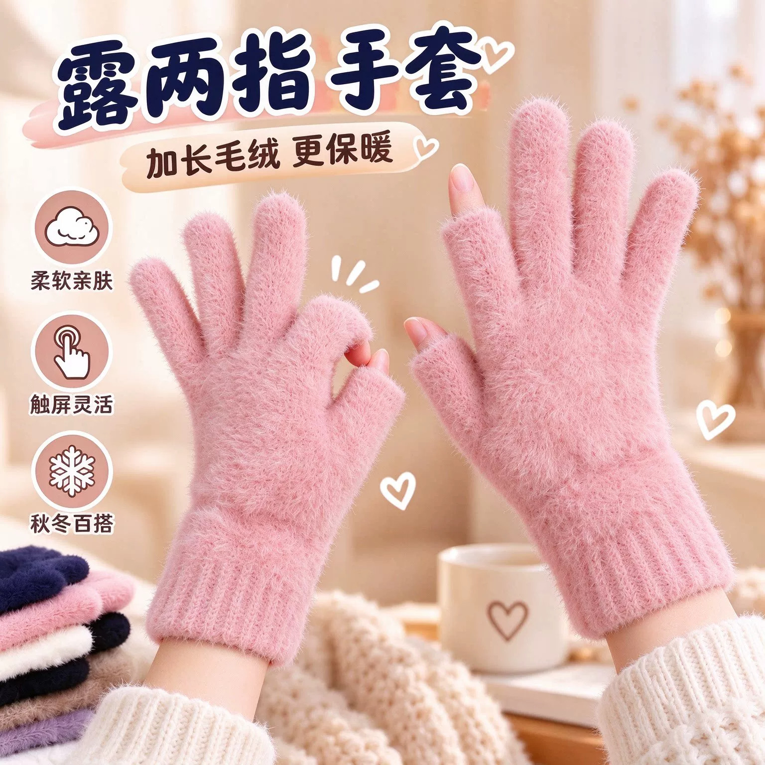 冬季加绒露二指触屏保暖手套