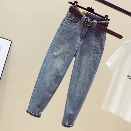 韩版破洞夏牛仔裤显瘦哈伦裤子新款潮2021高腰女老爹宽松百搭萝卜