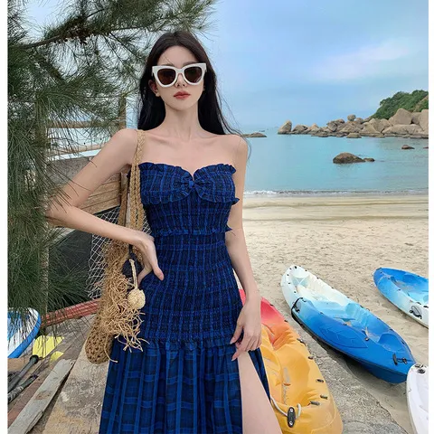 开叉裙子旅游格子海边夏连衣裙绝美长裙女小裙蓝色度假性感抹胸