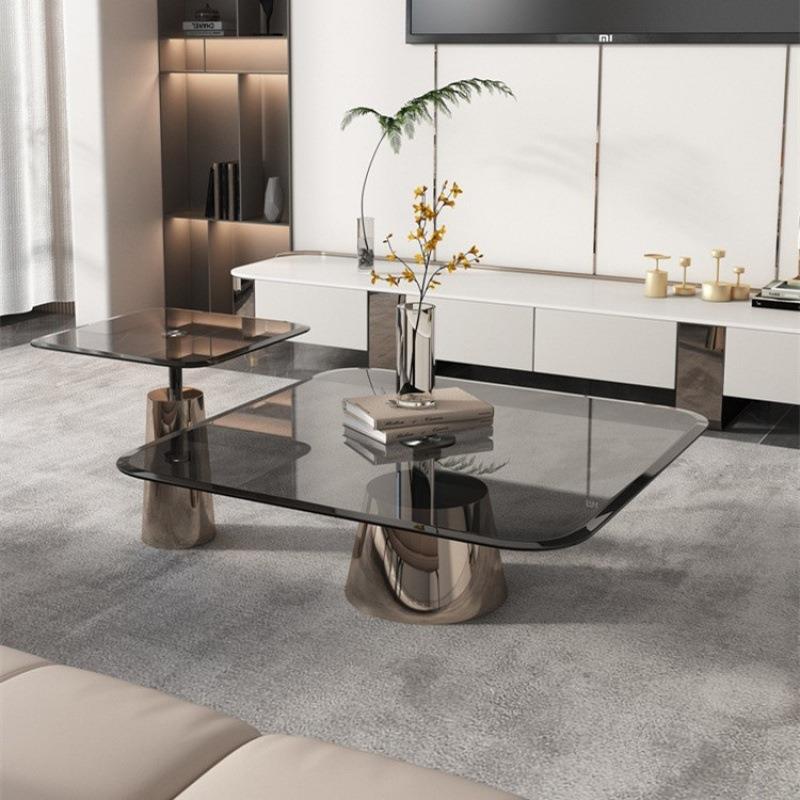 轻奢玻璃茶几小户型家用客厅香槟金设计师钢化玻璃正方形茶几边几