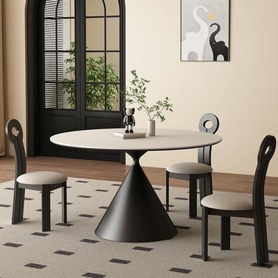 法式复古圆形纯白岩板餐桌椅组合意式极简小户型家用现代简约圆桌