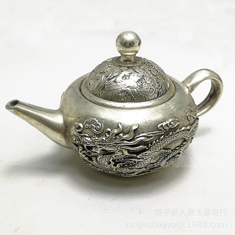 古玩杂项批发 仿古做旧银器龙凤茶壶批发 仿古银饰家居办公摆件