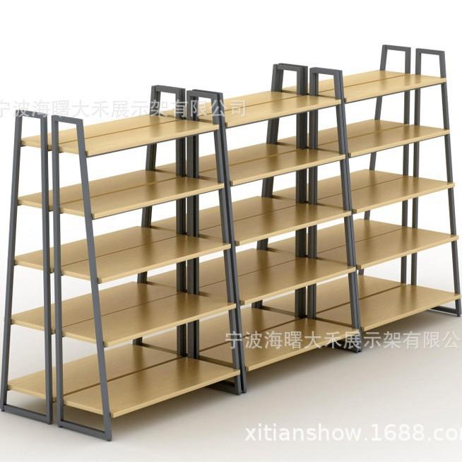 宁波工厂直销商场连锁店杂货梯形钢木货架样品间陈列柜