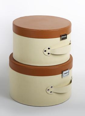 简约现代样板房高档米咖拼色圆筒收纳盒衣帽间家居皮革软装饰品