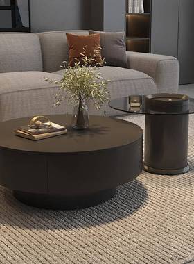 小户型茶室高级感圆形家用意式轻奢岩板茶几极简储物客厅茶桌组合