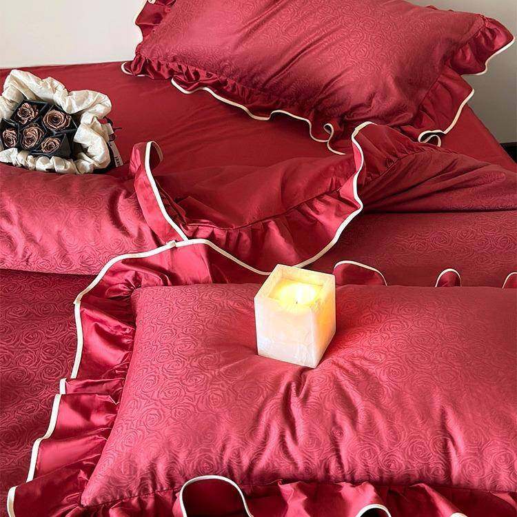 法式复古提花100长绒棉红色婚庆四件套纯棉被套床单婚嫁结婚床品