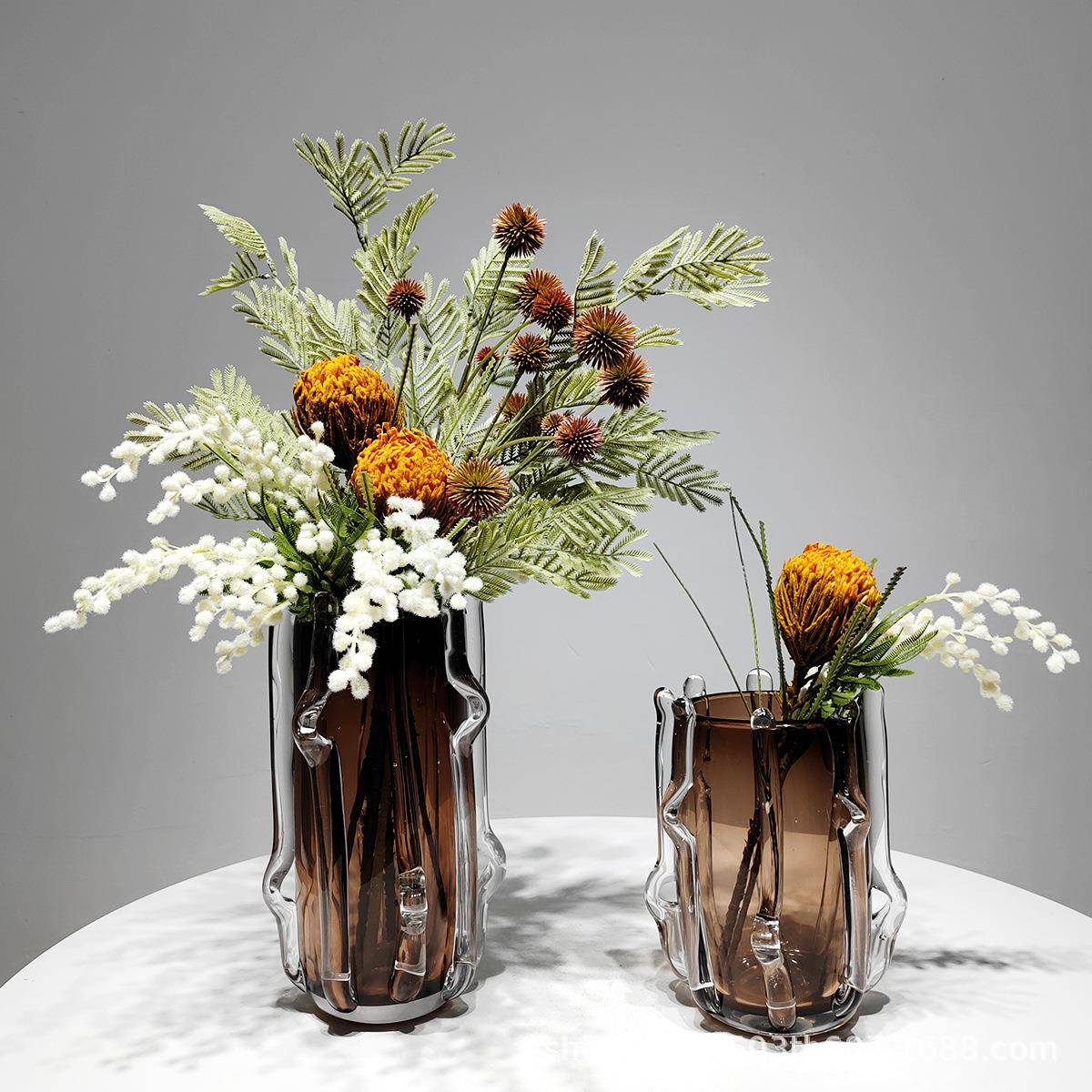 轻奢咖色桌花摆设售楼部洽谈桌仿真花艺样板间客厅餐桌假花装饰品