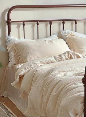 简约轻奢纯色流苏花边双层皱皱纱全棉四件套亲肤床单被套床上用品