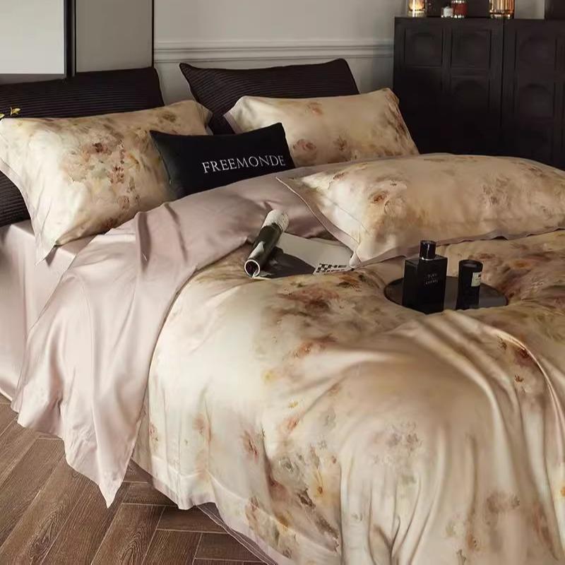 复古120S天丝棉四件套美式田园花卉冰丝被套亲肤软糯裸睡春夏床品