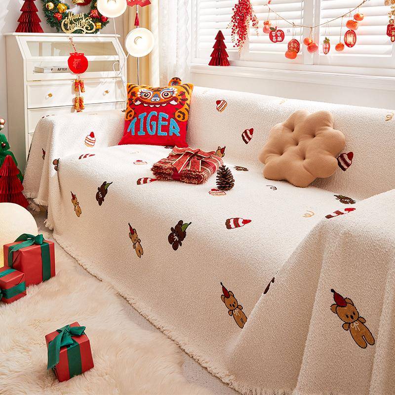 秋冬新款毛绒沙发巾全盖布圣诞北欧风加厚防滑沙发保暖套罩一片式