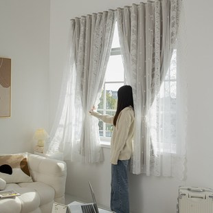 全遮光窗帘卧室飘窗免打孔安装 双层 魔术贴遮挡小窗户短帘隔热法式