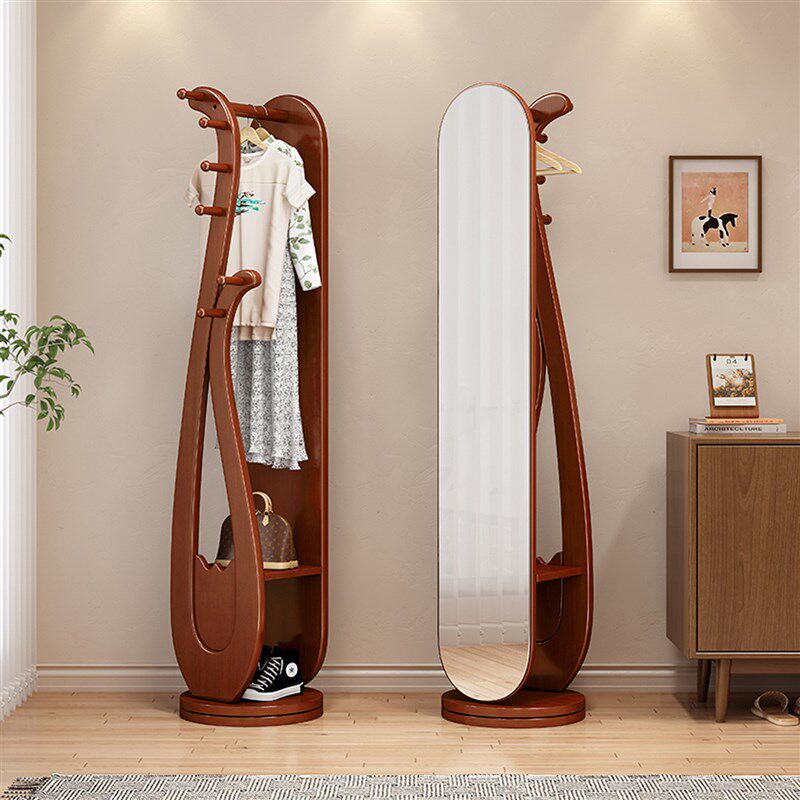 实木衣帽架小户型家用落地挂衣架穿衣镜一体简约卧室旋转置物架子