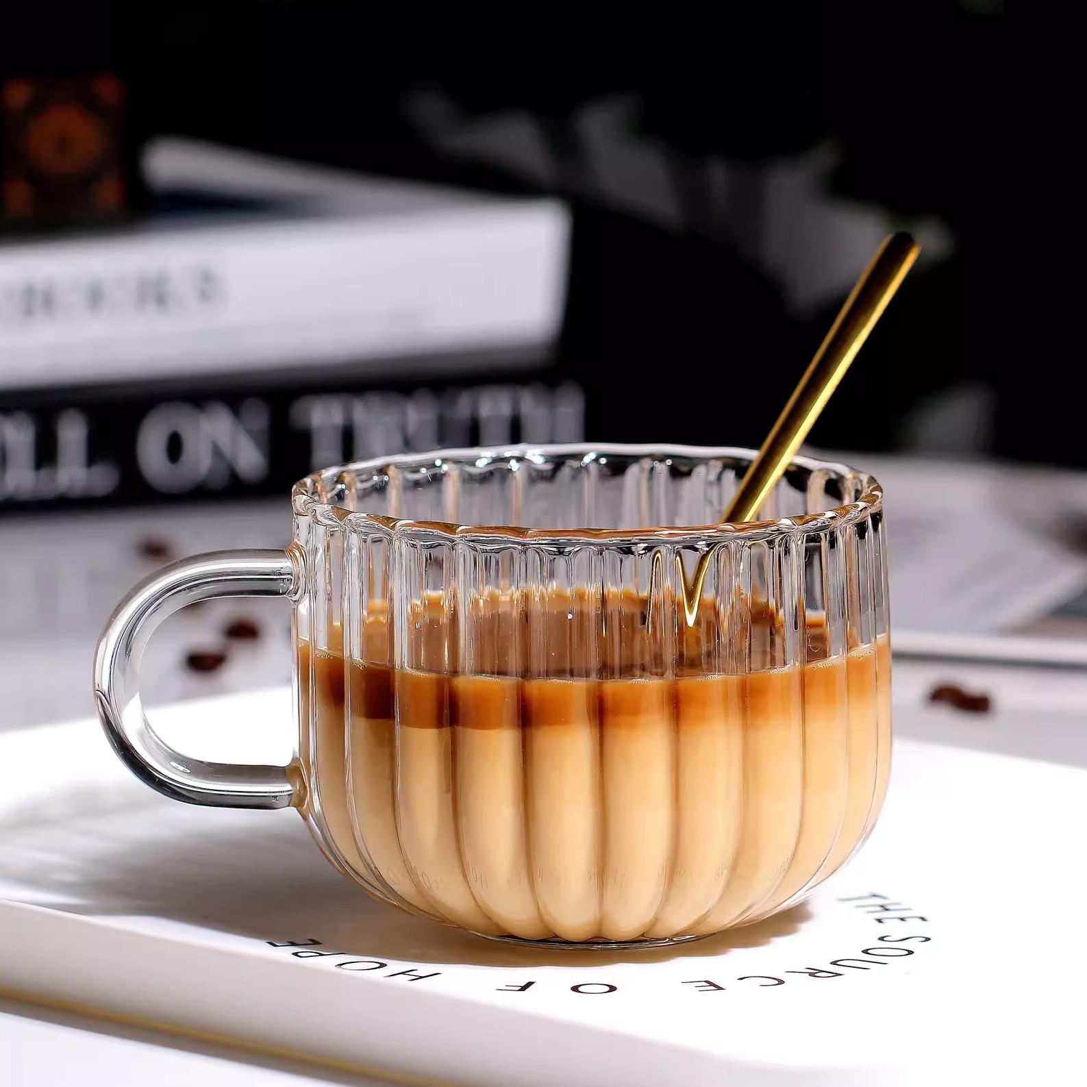 森系拿铁咖啡杯玻璃杯子耐高温牛奶杯办公室早餐杯简约马克杯带盖