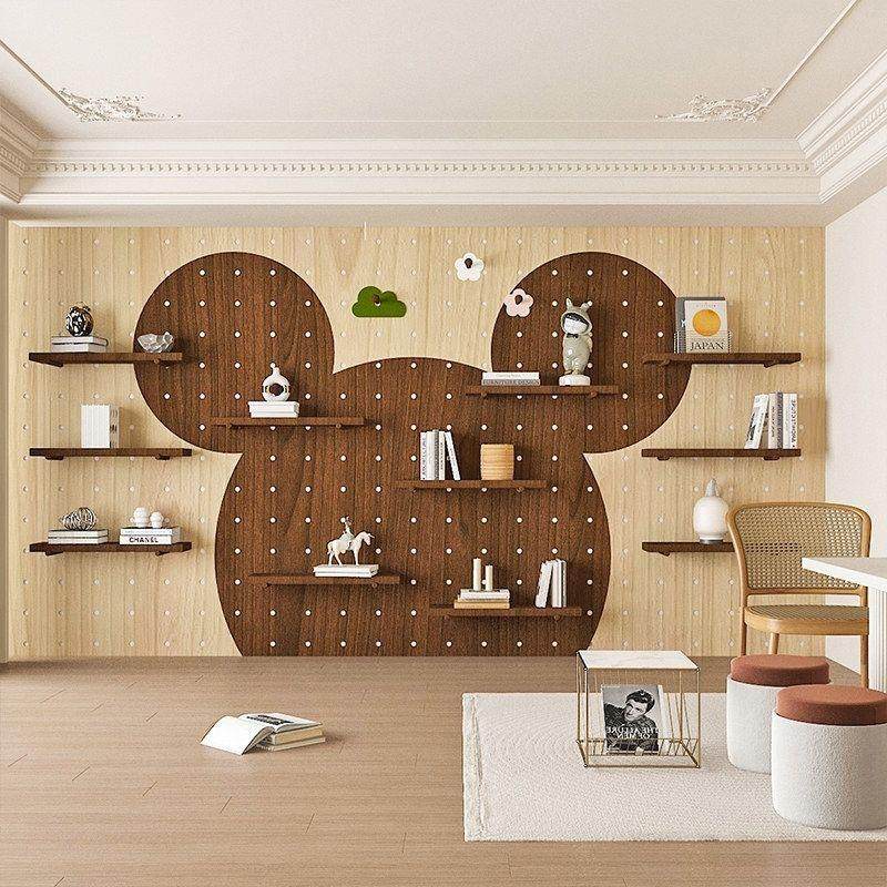 中古风实木洞洞板定制墙上置物架入户玄关隔板墙面展示收纳挂衣架