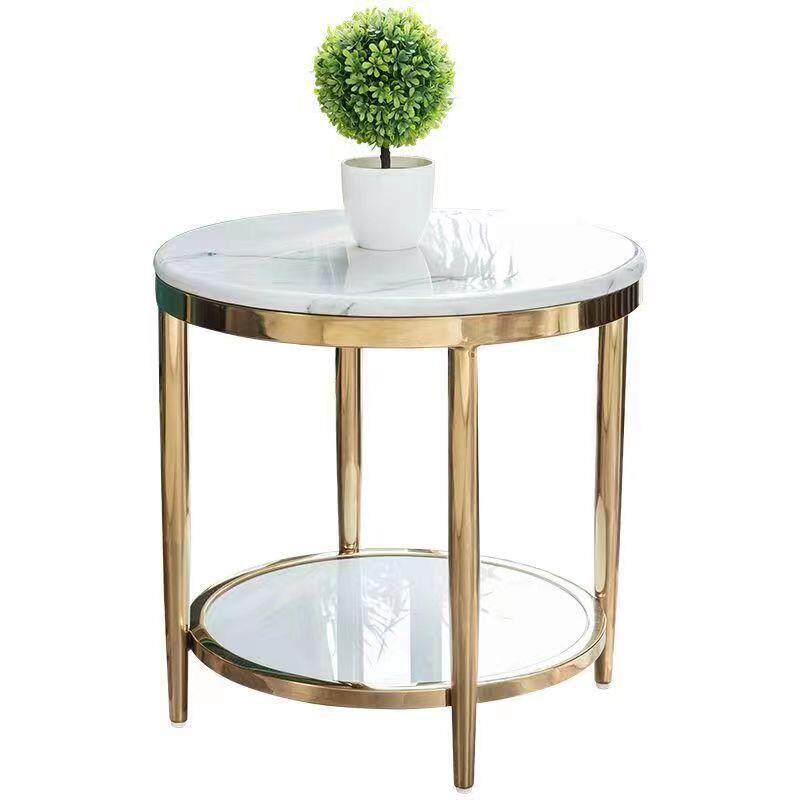 后现代轻奢镀金大理石边几简约客厅角几沙发双层圆形不锈钢小茶几