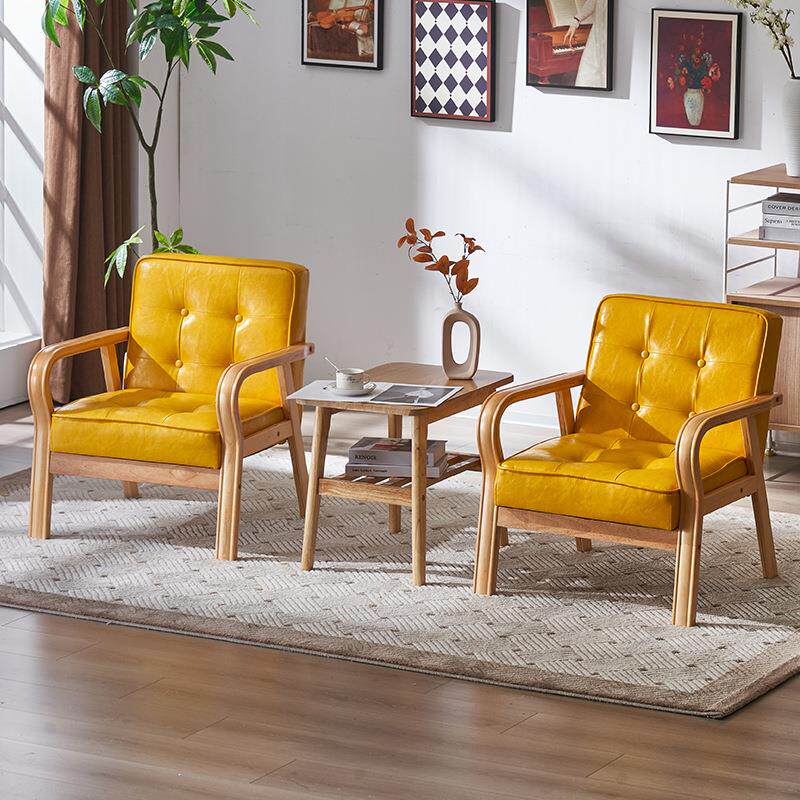 皮艺组合小户型咖啡厅休闲实木椅单双三人会客客厅北欧简约沙发椅