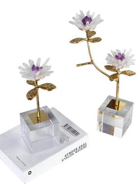 北欧轻奢黄铜树枝天然紫水晶花摆件样板间客厅玄关茶几摆设装饰品