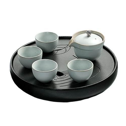 黑陶干泡茶盘陶瓷干冰茶具圆形小号茶盘储水家用套装复古陶瓷批